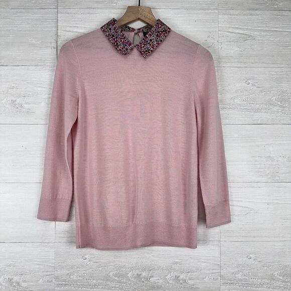 J.Crew Tippi Sweater Baby Pink‎ Floral Liberty Collar Women S 100% Merino Wool - Picture 2 of 16